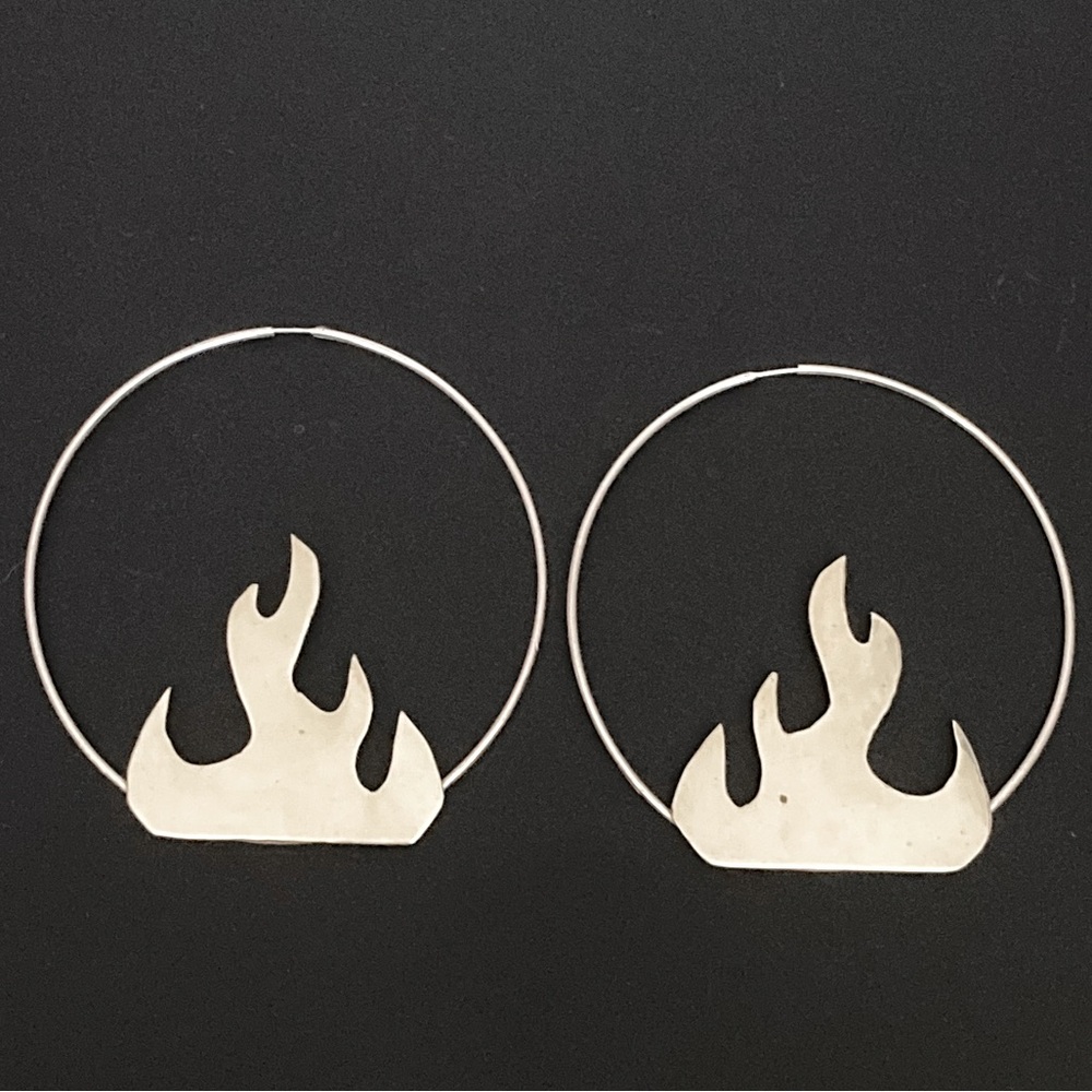 Handmade Silver Fire Hoop Statement Earrings Goth Punk Adornments